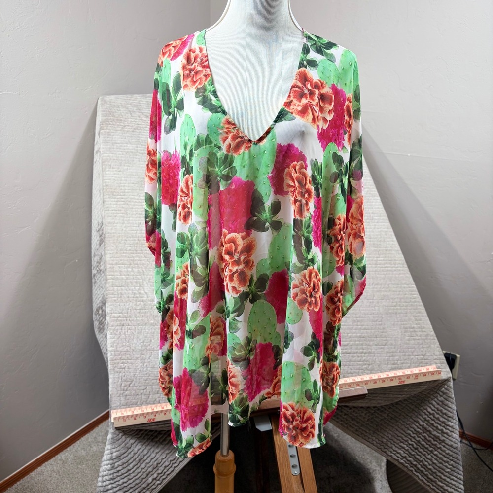 Show Me Your Mumu Floral Cactus Print Kaftan Top V-Neck Oversized Large XL